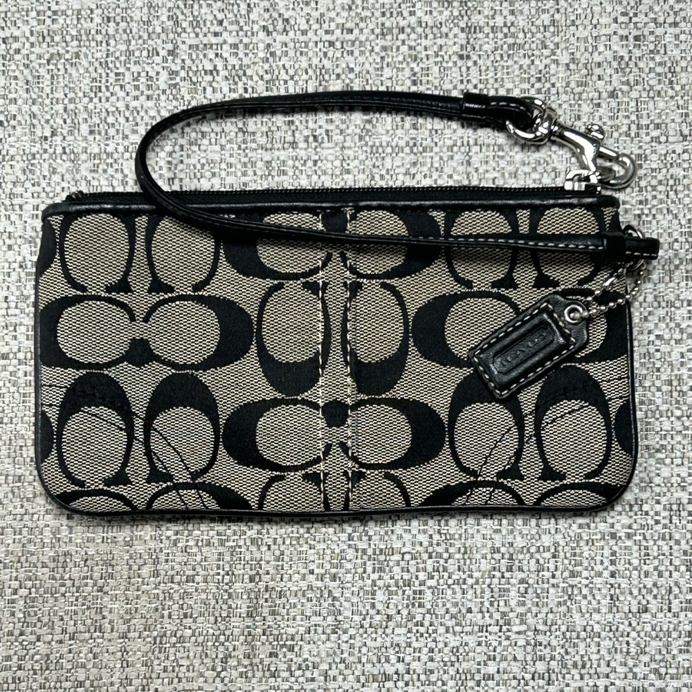 Coach Signature Black and Tan Wristlet - Picture 2 of 4